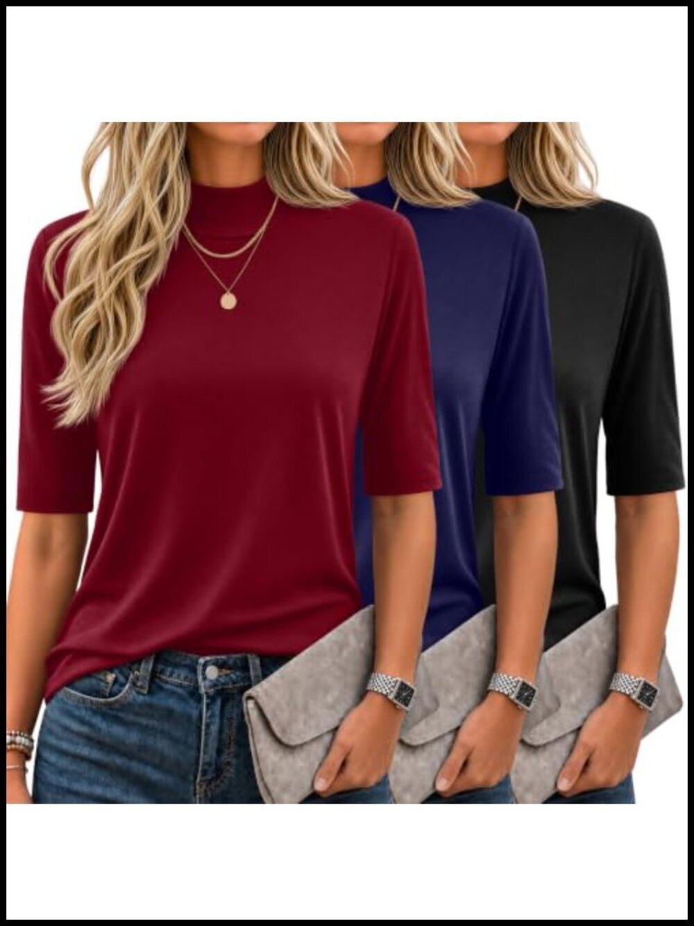 3 Pack Women's Mock Neck Fitted Tops Half Sleeve Shirts Cotton Blend Stretch